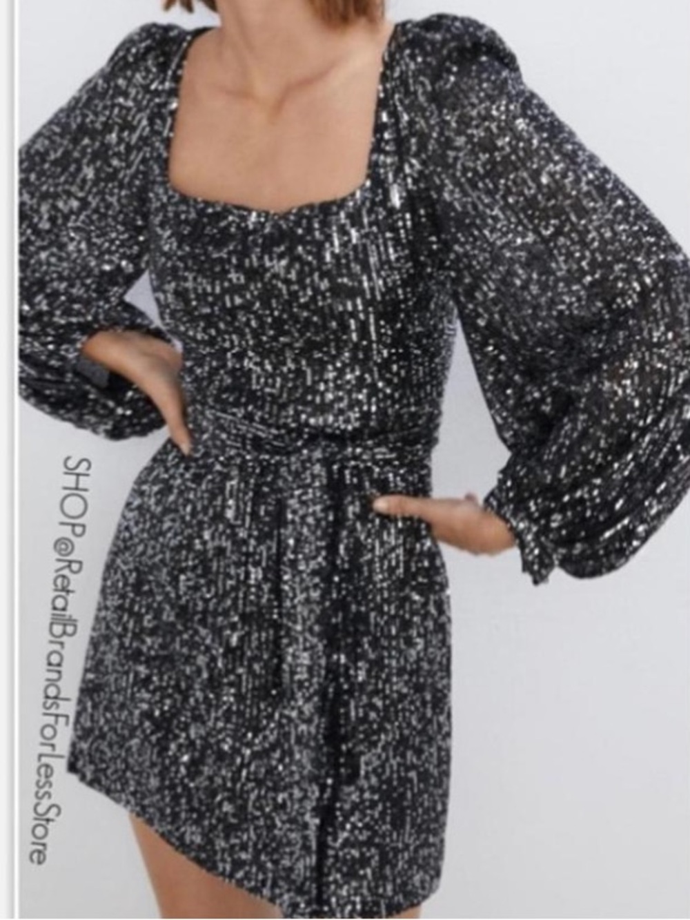 Zara Black Sequin Square Neck Puff-Sleeve Mini Dress with Tie Belt - Picture 3 of 7